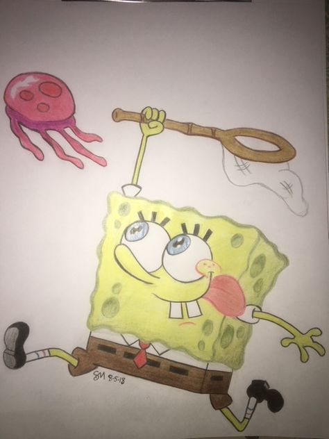 Coloured drawing of Spongebob catching jellyfish       - 8 - 5 -18 Spongebob And Patrick Catching Jellyfish, Spongebob Catching Jellyfish, Spongebob And Jellyfish, Drawing Of Spongebob, Spongebob Jellyfish, Ink October, Spongebob Drawings, Jellyfish Drawing, Jellyfish Painting