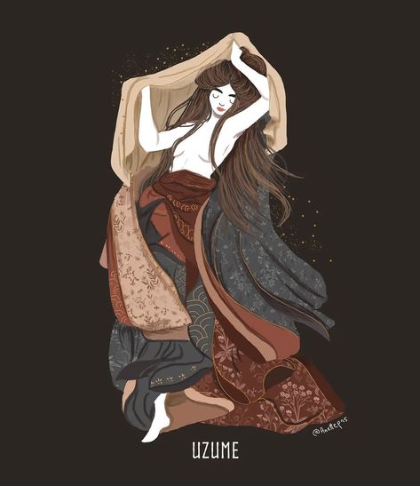 Anette Pirso | Uzume. Goddess of joy happiness and good health in shinto religion. Uzume danced, stripping away her clothes, to bring the Japanese sun… | Instagram Uzume Goddess, Anette Pirso, Japanese Sun Goddess, Goddess Amaterasu, Goddess Illustration, Storm God, Heavenly Mother, Japanese Sun, Japanese Goddess