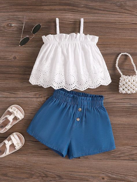 Blue  Collar   Colorblock,Plain  Embellished Non-Stretch  Baby Girls Clothing Striped Shorts Outfit, Bleu Azur, Summer Baby Clothes, Baby Top, Kids Fashion Dress, Cute Embroidery, Summer Blue