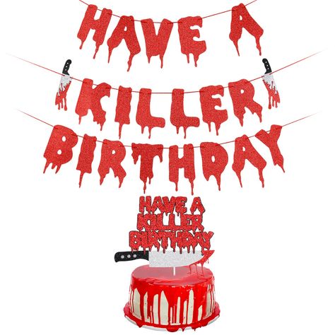 PRICES MAY VARY. What You Will Get: 1Pcs red glitter have a killer birthday banner , 1pcs red glitter have a killer birthday cake topper, perfect for horror themed birthday decorations. Need to assemble yourself. Halloween Decorations: Unique design,perfect for halloween birthday party,vampire birthday decorations,have a killer birthday party decorations,friday the 13th birthday banner, halloween decorations for home office mantel,a strong halloween birthday atmosphere! High Quality and Size: Th Killer Birthday Cake, Friday The 13th Party, Vampire Birthday, Halloween Theme Birthday, Halloween Birthday Cakes, Movie Birthday Party, Freebies By Mail, Birthday Photo Booths, Halloween Horror Movies