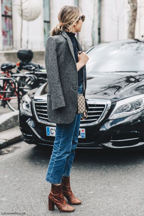 Street Style. Gray Oversized Blazer Outfit, Mode Glamour, Street Style Fall Outfits, Gray Blazer, Mode Jeans, Blazer Outfit, Moda Chic, Collage Vintage, Looks Street Style