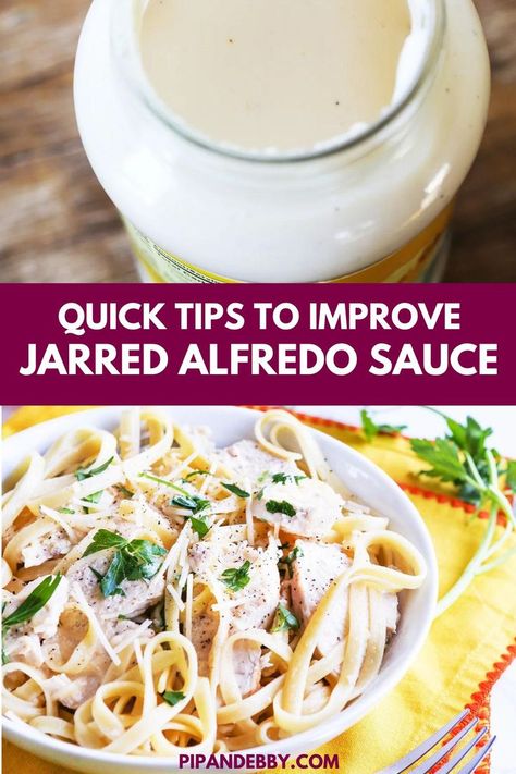 Collage of jar of alfredo sauce at top and bowlful of chicken alfredo at bottom. Recipe Using Alfredo Sauce, Chicken Alfredo Sauce Recipe, Easy Chicken Fettuccine Alfredo, Fettucini Alfredo Recipe, Fettuccine Alfredo Sauce, Simple Chicken Alfredo Recipe, Chicken Alfredo Sauce, Jarred Alfredo Sauce, Chicken Alfredo Fettuccine Recipe