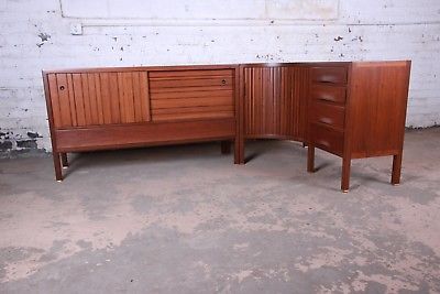 Corner Credenza, Tambour Door, Corner Piece, Credenza Design, Edward Wormley, Antique Furniture For Sale, Walnut Sideboard, Open Cabinets, Mid Century Desk