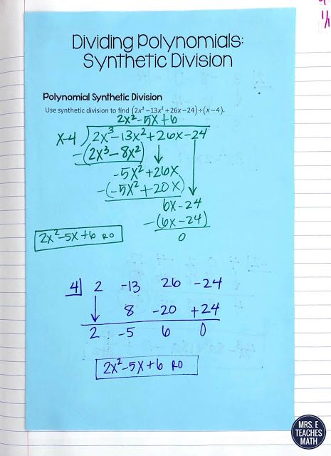 I used these interactive notebooks pages for teaching polynomial long division and synthetic division.  My algebra 2 students liked these dividing polynomials notes. Polynomials Notes, Division Of Polynomials, Dividing Polynomials, Polynomials Worksheet, Synthetic Division, High School Math Lesson Plans, College Math, Long Division, Math Interactive