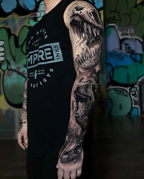 Dinosaur sleeve by Michael Perry, an artist at L.O.V.E.machine in NYC. Rex Tattoo, Jurassic Park Tattoo, T Rex Tattoo, Dinosaur Tattoo, Dinosaur Tattoos, Best Tattoo Designs, Tattoo Sleeve, All Tattoos, Lower Back Tattoos