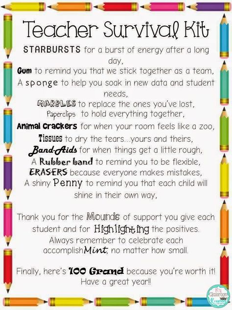 Back to School Freebie: Teacher Survival Kit ideas and letter. Great for grade level teams or beginning teacher gifts. Teacher Survival Kit Ideas, Survival Kit Ideas, Teacher Survival Kit, Teacher Morale, Survival Kit Gifts, School Survival Kits, Survival Kit For Teachers, Teacher Survival, Student Teacher Gifts