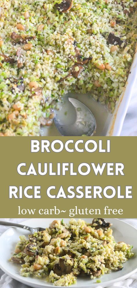 Packed with wonderful flavors and tons of vitamins and minerals, this warm, comforting low carb Broccoli and Cauliflower Rice Casserole is a simple to make, weeknight meal. Go ahead and add some shredded chicken or shrimp if you want to add some protein. Broccoli Cauliflower Rice Casserole, Broccoli And Cauliflower Rice, Broccoli Cauliflower Rice, Vegetarian One Pot Meals, Low Carb Broccoli, Cauliflower Rice Casserole, Gluten Free Recipes For Lunch, Broccoli And Cauliflower, Vegetarian Casserole