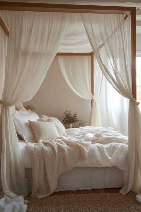 Neutral Canopy Bed, Bed Frames Canopy, Canopy Bed With Bed Skirt, Styling Canopy Bed, White Bed With Canopy, Canopy Bed Minimalist, Queen Bed Frame Canopy, Draped Canopy Bed, 4 Poster Bed Curtains