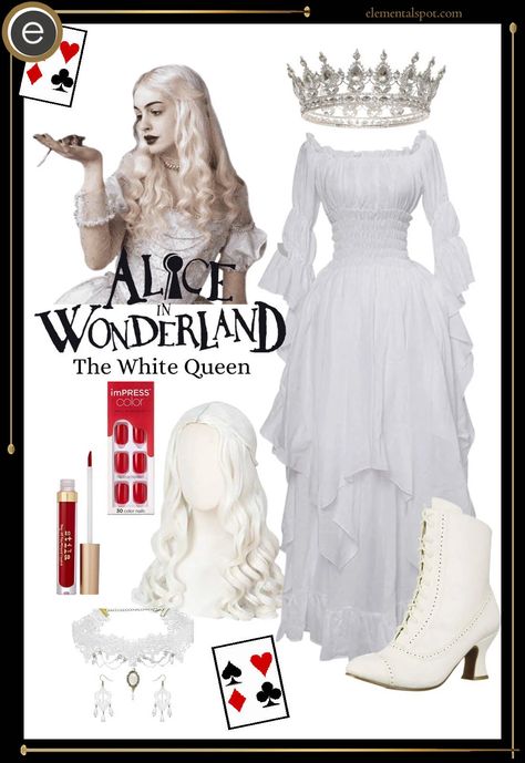 Dress Up Like The White Queen from Alice in Wonderland - Elemental Spot White Queen Outfit Ideas, Alice In Wonderland The White Queen, Diy White Queen Costume Wonderland, Alice In Wonderland Costume White Queen, The White Queen Costumes, The White Witch Costume, Alice Im Wonderland Costumes, Queen Of Hearts And White Queen Costume, Alice And The Wonderland Costumes