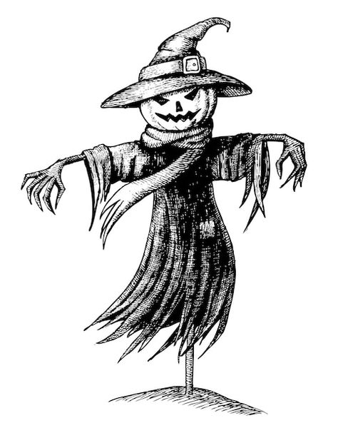 Scarecrow Tattoo, Scarecrow Drawing, Crows Drawing, Scary Scarecrow, Scary Drawings, Halloween Scarecrow, Cute Sketches, Halloween Illustration, Halloween Drawings