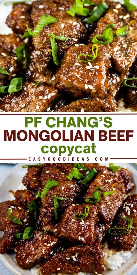 This PF Chang’s Mongolian Beef tastes just like the dish served at the restaurant! It’s a homemade copycat recipe that is so easy to make. Flank steak with some heat! Once you try this Mongolian Beef recipe you won’t want to order it out again! Recipe With Flank Steak, Dinner Ideas Flank Steak, Dinner Ideas With Skirt Steak, Mongolian Beef Bowl Recipe, Roast Meat Dinner Ideas, Steak Recipes For Lunch, Copycat Mongolian Beef Pf Changs, Pf Chang Mongolian Beef, Flank Steak Mongolian Beef