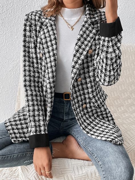 Shein Blazer Outfit, Black White Blazer Outfit, Black And White Blazer Outfits For Women, Black And White Plaid Blazer Outfit, Black And White Office Outfits Women, Black And White Suit Women, Blazer Cuadros Outfit, Blazer Tweed Outfit, Black And White Blazer Outfit