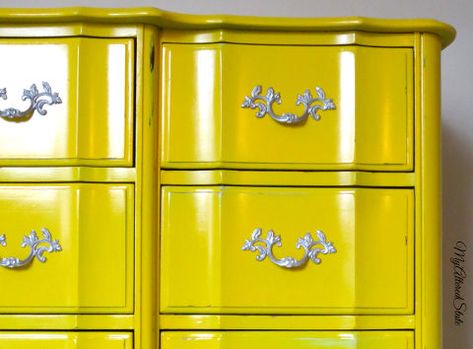 refinished french provincial high gloss furniture automotive paint, chalk paint, painted furniture, Clear Coat Yellow Painted Furniture, Yellow Dresser, Spray Paint Furniture, High Gloss Furniture, Dark Wood Table, Diy Dresser Makeover, High Gloss Paint, Diy Dresser, Furniture Rehab