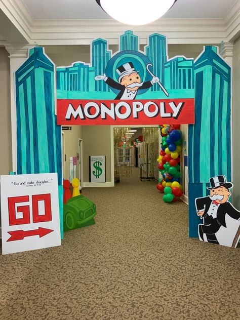 Monopoly Trunk Or Treat, Life Size Monopoly Game Diy, Monopoly Homecoming Hallway, Monopoly Halloween Decorations, Monopoly Parade Float, Monopoly Hallway Decorations, Monopoly Life Size, Post Prom Games, Hoco Hallway Themes