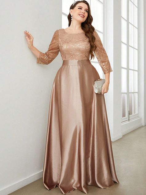 Champán  Collar manga francesa Satén Liso A línea Embellished No-Elástico Todo Wedding Guest Plus Size, Wedding Guest Dress Plus Size, Wedding Guest Gowns, Maxi Evening Dress, Evening Dresses Online, Dress Wedding Guest, Evening Dresses Cocktail, Long Sleeve Sequin, Color Champagne