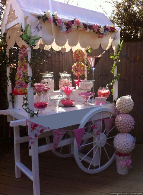 Pink candy cart  - wedding snack station {SweetBlooms} Wedding Sweet Cart, Wedding Candy Cart, Wedding Snack, Baby Shower Buffet, Garden Cupcakes, Wedding Candy Bar, Snack Station, Wedding Snacks, Candy Stand