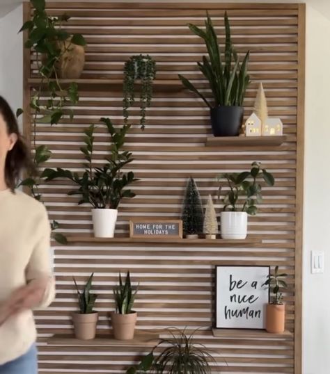 Wall With Plants, Wall Slats, Stair Paneling, Wooden Wall Design, Minimal Interior, Minimal Interior Design, Moss Wall Art, Plant Shelf, Oak Shelves