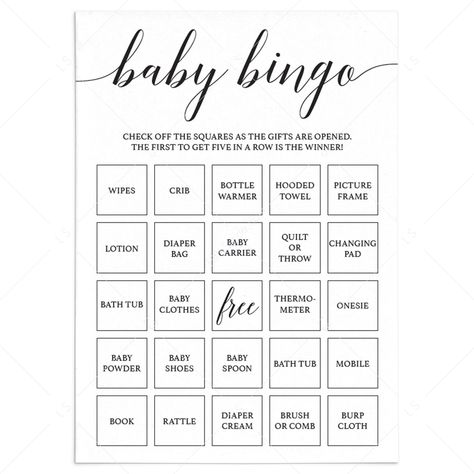 Simple Baby Shower Baby Bingo Black and White Printable Baby Shower Gift Bingo, Free Printable Bingo Cards, Animal Baby Shower Games, Baby Shower Party Games, White Baby Showers, Baby Bath Tub, Baby Bingo, Simple Baby Shower, Baby Shower Bingo