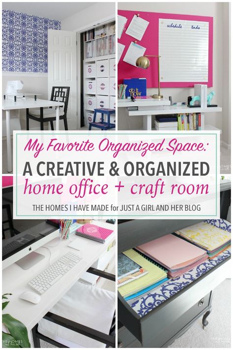 This incredibly organized home office + craft room is packed full of smart and inspirational ideas for organizing your own home! A must see! Home Office Craft Room Combo, Home Office And Craft Room, Office And Craft Room, Organized Home Office, Home Office Craft Room, Office Craft Room Combo, Small Craft Rooms, T Craft, Pink Office