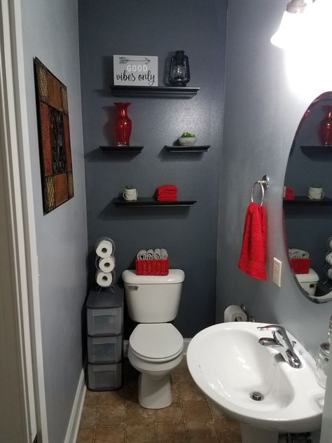 Small Restroom Makeover, Restroom Makeover, Black Half Bathroom, Red And Gray Bathroom, Small Restroom, Bathroom Accessories Ideas, Gray Bathroom Ideas, Red Bathroom Accessories, Red Bathroom Decor