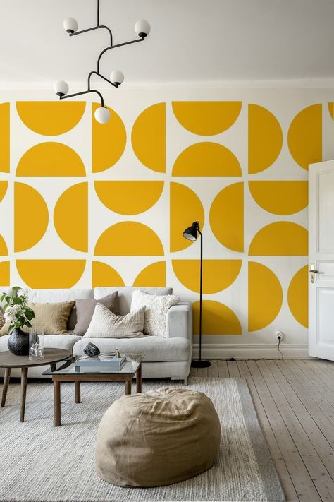 Yellow Bauhaus print from Happywall Bauhaus Wallpaper, Bauhaus Pattern, Geo Wallpaper, Mid Century Wallpaper, Mid Century Contemporary, Classic Wallpaper, Mid Century Modern Patterns, Inspire Me Home Decor, Design Studios