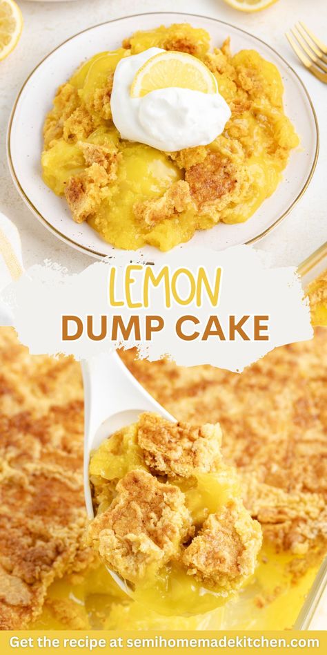 This 3-ingredient lemon dump cake is a quick and easy dessert that brings a burst of citrus flavor with minimal effort. Using lemon pie filling, lemon cake mix, and butter, you'll have a delicious treat in no time. Lemon Dump Cake, Lemon Dump Cake Recipe, Delicious Lemon Desserts, Blueberry Dump Cakes, Moist Lemon Cake, Dump Cake Recipe, Lemon Pie Filling, Lemon Cake Mixes, Lemon Dessert Recipes