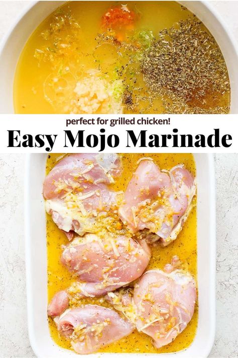 Mojo Marinade Recipe - a bright and flavorful cuban mojo marinade recipe that is perfect with grilled chicken! Easy to make and so good! #mojomarinade #mojomarinaderecipes #mojomarinadechicken #mojomarinadepork #mojomarinaderecipescubanpork Cuban Mojo Marinade, Grilled Boneless Chicken Breast, Mojo Marinade, Mojo Chicken, Cuban Chicken, Cuban Mojo, Wooden Skillet, Marinade For Chicken, Easy Marinades