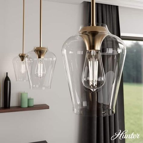 Hunter Vidria 1-Light Mini Pendant - Kitchen Island, Dining Room, Bedroom - Contemporary, Transitional - On Sale - Bed Bath & Beyond - 35995339 Bronze Island Lighting, Simple Kitchen Chandelier, Counter Lighting Kitchen, Dining Room And Kitchen Island Lighting, Above Island Lights, Master Bath Pendant Lighting, Antique Brass Pendant Light Kitchen, Light Above Island In Kitchen, Lighting For Island Kitchen