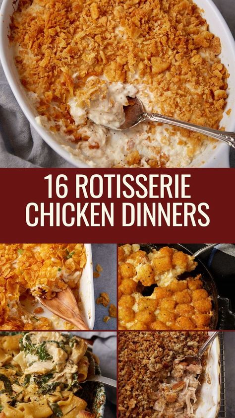 A collage of rotisserie chicken recipes. Recipes With Leftover Chicken, Cooked Chicken Recipes Leftovers, Best Rotisserie Chicken Recipe, Recipe Using Leftover Chicken, Rotisserie Chicken Uses, Easy Rotisserie Chicken Recipes, Rotisserie Chicken Recipes Healthy, Leftover Chicken Recipes Easy, Rotisserie Chicken Recipes Leftover