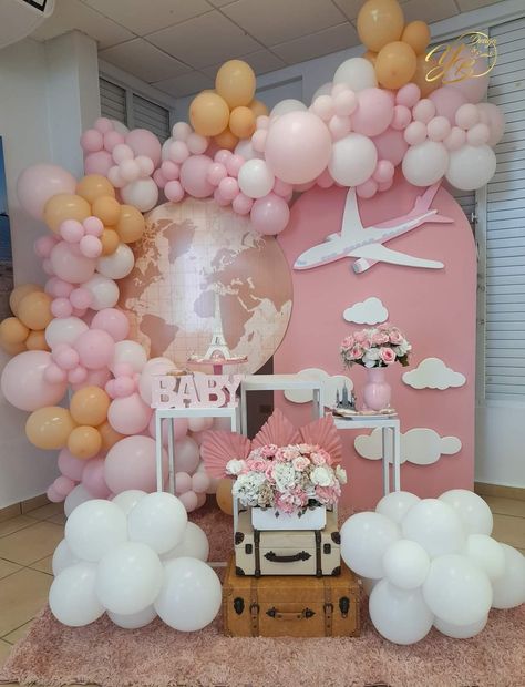 Airline Party Decorations, Pink Airplane Birthday Party, Wanderlust Birthday Party Theme, Travel Theme Birthday Party Decoration, Travel Theme Balloon Arch, Plane Party Ideas, Around The World Birthday Theme, Travel Theme Nursery Girl, Adventure Awaits Baby Shower Ideas Girl