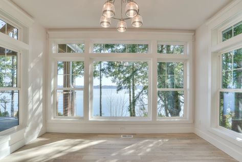 Coastal Waterfront | Coastal Waterfont Window With Transom Above, Large Window In Bedroom, Picture Window With Side Windows, Adding Windows To House, Full Window Wall Living Room, House Windows Ideas, Floor To Ceiling Windows Living Room, House Windows Exterior, Wall Window Design