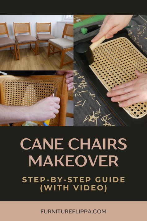 Follow this detailed step-by-step guide with video to give your cane chairs a stunning makeover. Learn how to properly prepare, paint, and finish cane chairs to bring new life to these classic pieces. Perfect for DIY enthusiasts looking to refresh their home decor. Cane Back Dining Chairs Redo, Wood And Cane Chair, Redo Cane Chairs, Cane Furniture Repair, Chair Spindles Diy Projects, Caneing Chairs, Cane Back Chair Makeover, Rattan Chair Makeover, Cane Chairs Painted