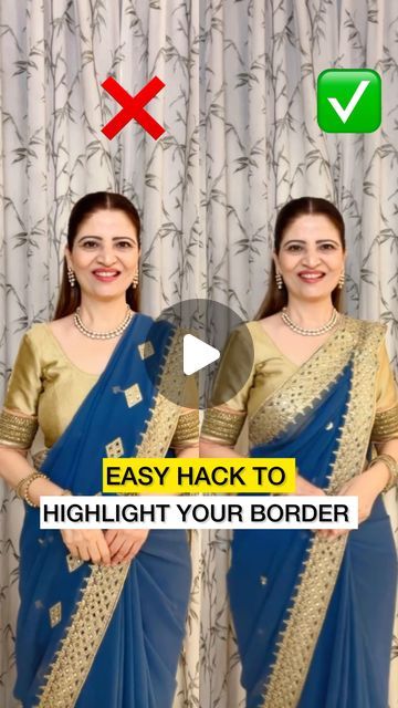 Heena Gehani on Instagram: "To highlight the border of your saree, here is a quick hack to create pallu pleats that draw attention to the intricate design. 
This simple technique allows you to showcase the beauty of your saree’s edge while adding a touch of elegance to your overall look.
This saree is a perfect pick for your festive and wedding occasions 
Received this saree from @thehanger.in 

Check their page @thehangr.in for more such amazing collection.
.
.
.
#sareedraping #saree #sareelove #sareetips #sareedrape #openpallu #sareetutorial #sareedrapist #sareeforbeginners #sareehack #thehangr #sarees #blouses" Saree Collection For Wedding, How To Drape Dupatta On Sharara, Blouse Design For Border Saree, How To Wear Perfect Saree, Blouse Design For Designer Saree, Saree Pallu Draping Styles, Design Blouses For Sarees, How To Pleat Saree Pallu, Pallu Pleating