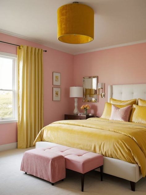 Yellow Pink Teal Bedroom, Yellow And Pink Aesthetic Room, Yellow Pink Bedroom Ideas, Peach And Yellow Bedroom, Pink And Yellow Home Decor, Blue Pink And Yellow Bedroom, Pink And Yellow Room Decor, Pink And Yellow Bedroom Aesthetic, Pink And Yellow Girls Room