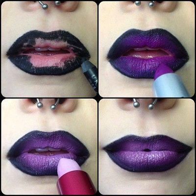 Black & purple emo lips - makeup lipstick tutorial (:                                                                                                                                                     More Halloween Lip Makeup, Extreme Make-up, Carnaval Make-up, Strašidelný Halloween, Halloweenský Makeup, Witch Makeup, Purple Lips, Ombre Lips, Eye Makeup Pictures