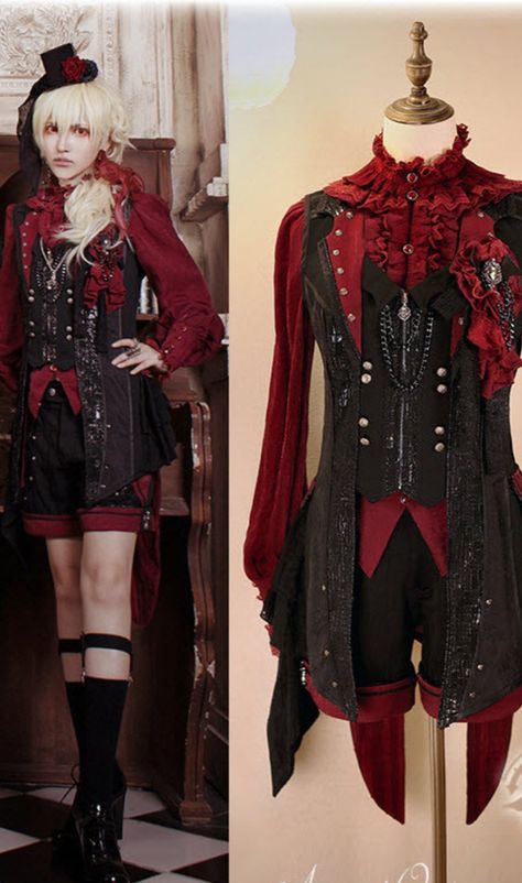 Red Ouji Fashion, Ouji Fashion Male, Ouji Outfit, Ouji Style, Ouji Fashion, Blouse And Shorts, Boy Styles, Alt Clothes, Lolita Outfits