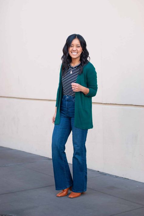 green cardigan + black and white striped long sleeve top + flare jeans + cognac boots Shirt With Cardigan Outfit, Nursing Friendly Outfits, Cardigan Black And White, Olive Green Shirt, Cognac Boots, Olive Top, Clothing Aesthetic, Striped Long Sleeve Tee, Long Sleeve Striped Top