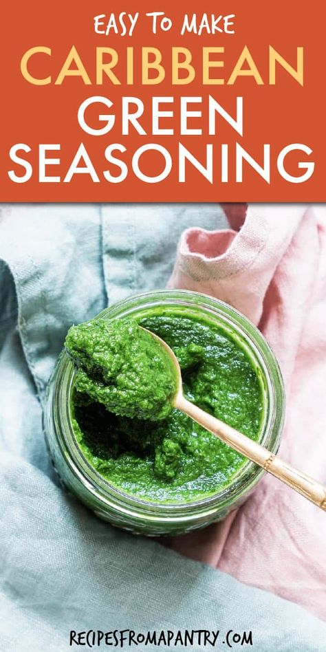 Caribbean Green Seasoning, Green Seasoning Caribbean, Caribbean Seasoning, Green Seasoning Recipe, Barbados Recipes, Caribbean Vegan, Chef Bae, Caribbean Dishes, Green Seasoning