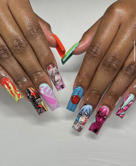 Nail art business by Instagram user, these nails are long coffin and Manga and Anime style Chainsaw Man Nails, Men Nails, Man Nails, Anime Nails, Makeup Help, Nails Inspo, Chainsaw Man, Nails Nails, Aesthetic Videos