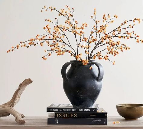 Vase Branches Decor, Distressed Pottery, Ideas Cuadros, Red Pottery, Vases Pottery, Faux Branches, Pottery Inspo, Fall Things, Black Vase