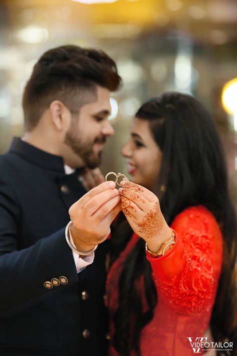 One of the best engagement pose for couple on their engagement ceremony. #engagement #engagementphotoshoot #engagementphotographers Couple Poses In Engagement, Engagement Ceremony Photography, Engement Indian Couple Pose, Engage Couple Pose, Engagement Indian Couple, Rings Engagement Couple Pose, Cupal Photo Shoot Engagement, New Couple Poses Engagement Shoots, Couple Poses For Engagement Photography