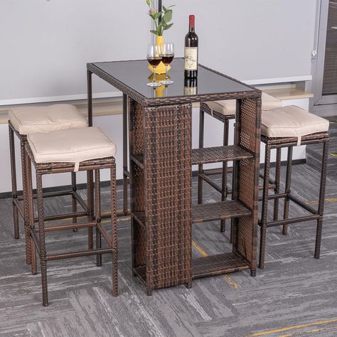 High Top Bar Height Set, Table and Stools Furniture Set with Cushions for Garden Yard Porch, Steel Frame Rattan Dining Set, Table And Stools, Rattan Dining, Patio Bar Set, Set Table, Patio Bar, Balcony Ideas, Bar Top, Bar Height