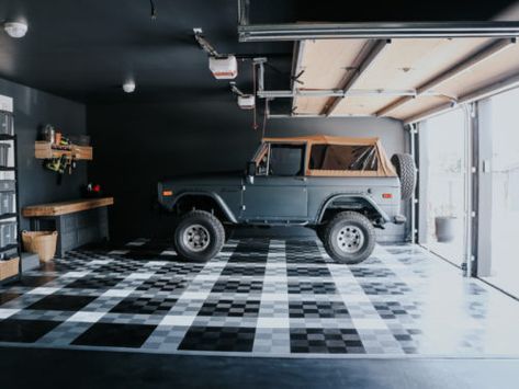 Our Tile Selections- How to Pick Tile- Where to Shop for Tile - Nesting With Grace Nesting With Grace Garage, Dark Grey Garage Walls, Dark Gray Garage Walls, Hacienda Garage, All Black Garage, Entertainment Garage, Black Garage Interior, Small Garage Design, Garage Gym Flooring