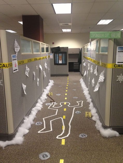 Snowman crime scene Office Halloween Decorations | Beautiful Cases For Girls Halloween Cubicle, Christmas Cubicle Decorations, Halloween Office Party, Office Halloween Decorations, Dekorasi Halloween, September Autumn, Topper Halloween, Office Halloween, Halloween Office