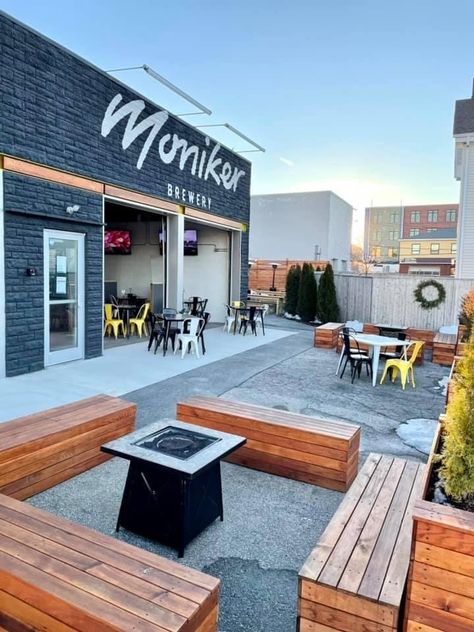 Moniker Brewery is Buzzing as Providence's Newest Beer Garden - Rhode Island Monthly Small Beer Garden Ideas, Beer Garden Entrance, Brewery Outdoor Space, Brewery Patio Ideas, Industrial Beer Garden, Small Beer Garden, Outdoor Brewery Patio, Brewery Exterior Design, Brewery Decor Interior Design