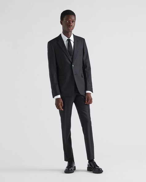 Single-breasted wool suit Prada Suit Men, Suit Men Black, Prada Suit, Mohair Suit, Tailored Suit, Black Pants Men, Suit Men, Lapel Jacket, Adidas Football