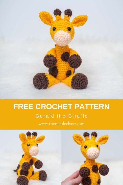 Free Giraffe Crochet Pattern - Giraffe Amigurumi Crochet Giraffe Applique, Giraffe Crochet Pattern Free, Crochet Giraffe Free Pattern, Crocheted Stuffies, Nicole Chase, Gerald The Giraffe, Giraffe Crochet Pattern, Crochet Pets, Diy Crochet Amigurumi