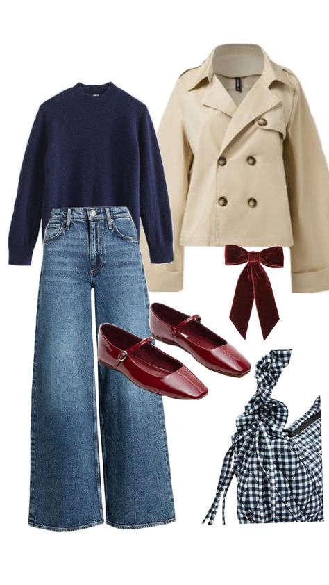 navy blue sweater outfit with red shoes and bow Navy Blue With Beige Outfits, Navy Holiday Outfit, Red Sweater Outfit Fall, Navy Red Outfit, Burgundy Navy Outfit, Burgundy And Navy Outfit, Navy Blue Sweater Outfit Winter, Navy Knit Sweater Outfit, Blue Sweater Outfit Aesthetic