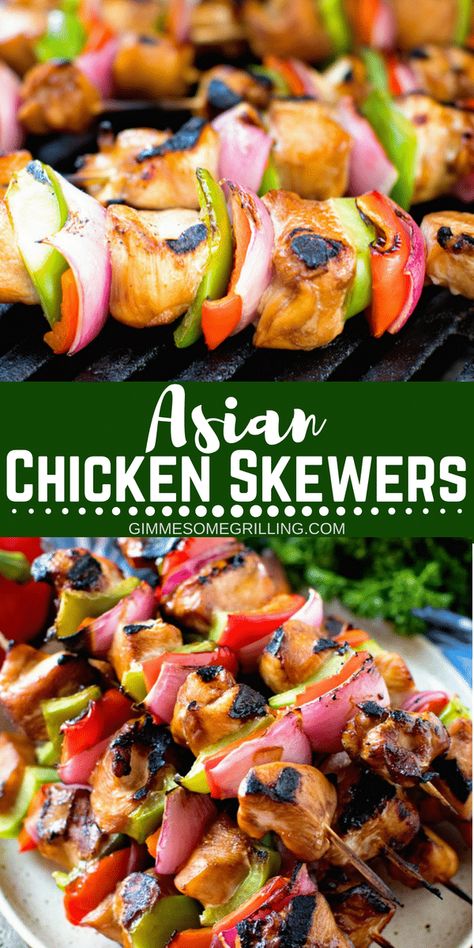 Tender, juicy chicken on skewers with peppers and onions make these Asian Chicken Skewers the perfect quick dinner recipe! They are also so delicious they can easily be served when you entertain! #chicken #asian #marinated #skewers #kebabs #kabobs #peppers #onion #grill #grilling #gimmesomegrilling #easy #easyrecipe #grillingrecipe via @gimmesomegrilling Asian Chicken Skewers, Chicken On Skewers, Asian Marinade For Chicken, Chicken Asian, Asian Marinade, Grilled Recipes, Muffins Breakfast, Healthy Asian, Grilling Ideas