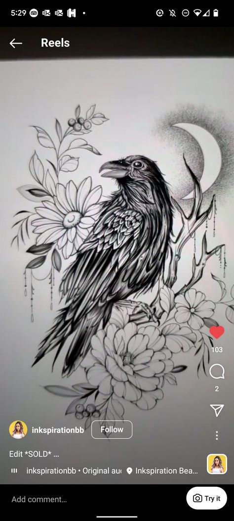 Color To Black And White Tattoo, Crow Tattoo With Flowers, Raven Arm Tattoo Women, Raven With Flowers Tattoo, Raven Tattoos For Women, Raven Tattoo Feminine Arm, Theo Tattoo, Crow Tattoos For Women, Crow And Flowers